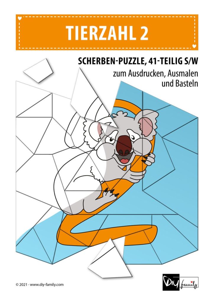 Tierzahlen 2 – Scherben-Puzzle zum Ausdrucken, Ausschneiden und Ausmalen