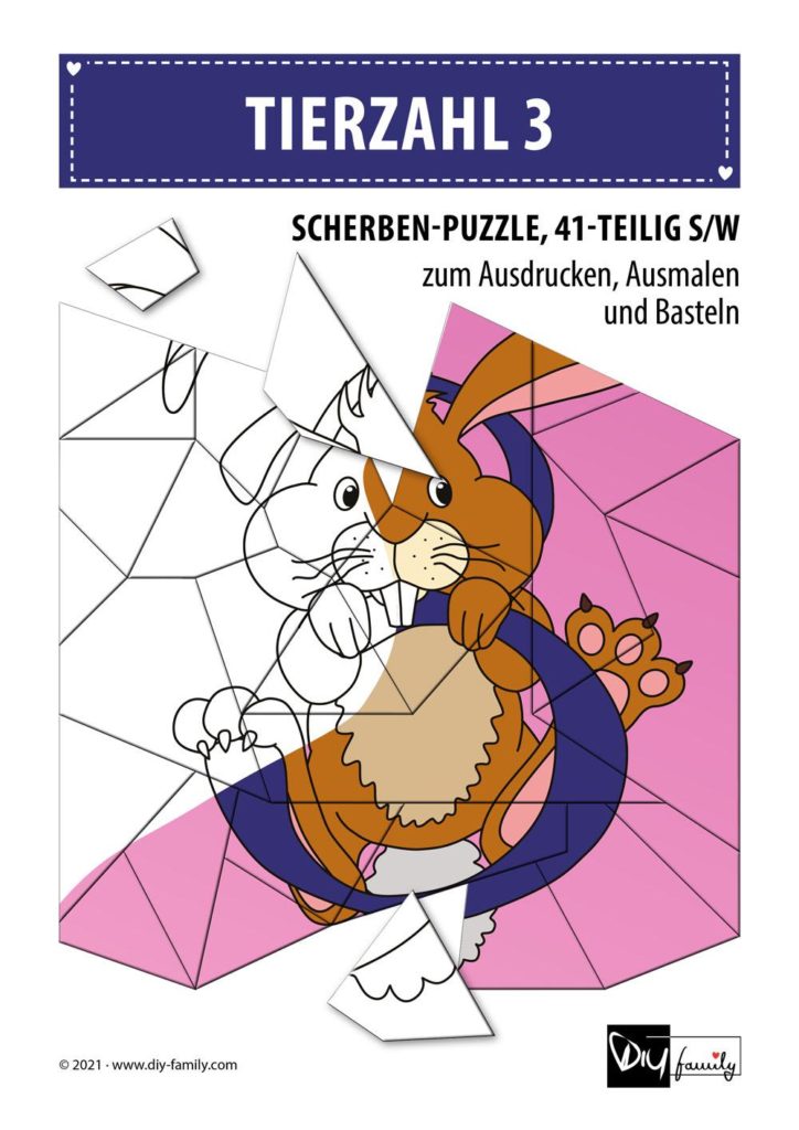 Tierzahlen 3 – Scherben-Puzzle zum Ausdrucken, Ausschneiden und Ausmalen