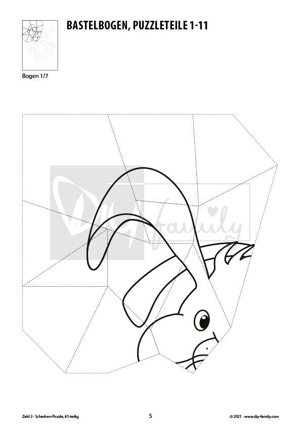 Tierzahlen 3 – Scherben-Puzzle zum Ausdrucken, Ausschneiden und Ausmalen