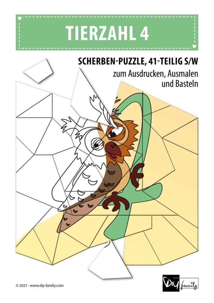 Tierzahlen 4 – Scherben-Puzzle zum Ausdrucken, Ausschneiden und Ausmalen