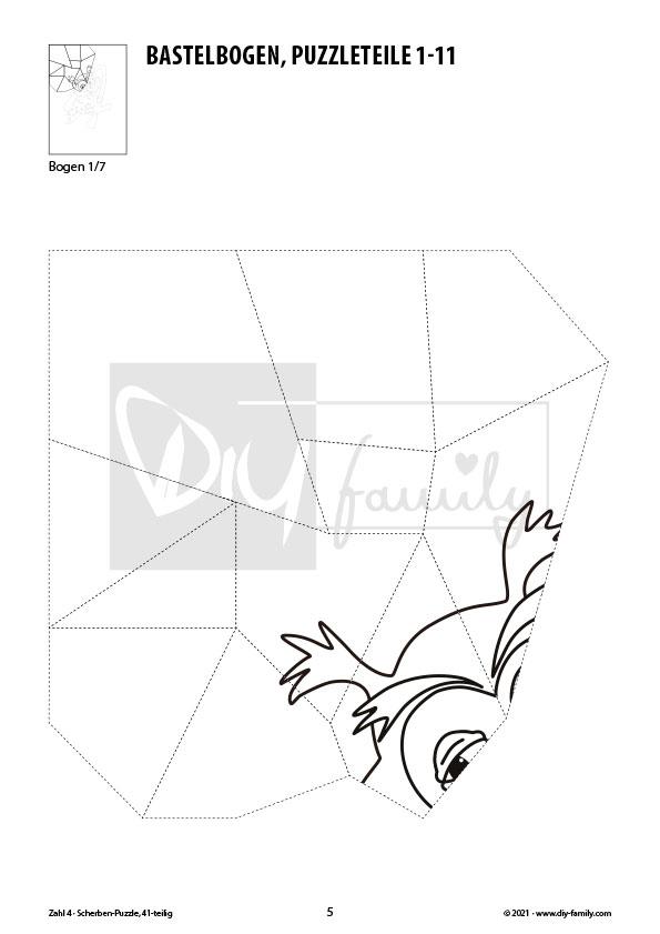Tierzahlen 4 – Scherben-Puzzle zum Ausdrucken, Ausschneiden und Ausmalen