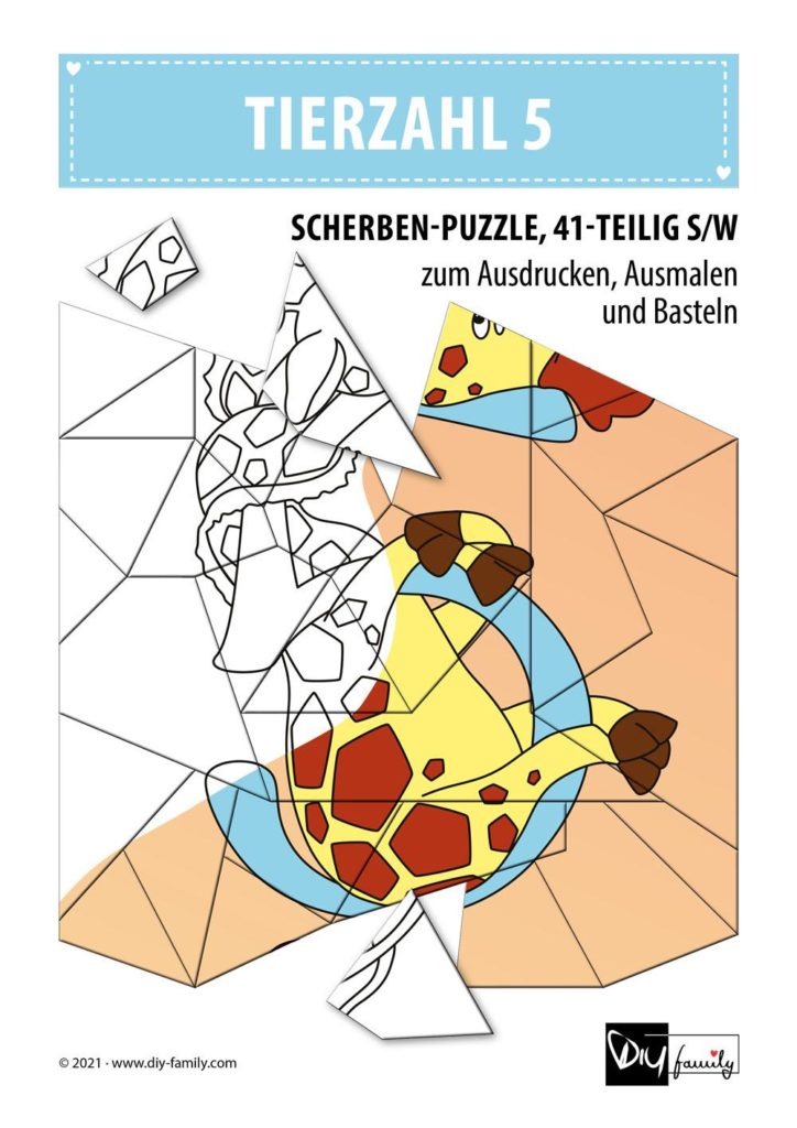 Tierzahlen 5 – Scherben-Puzzle zum Ausdrucken, Ausschneiden und Ausmalen