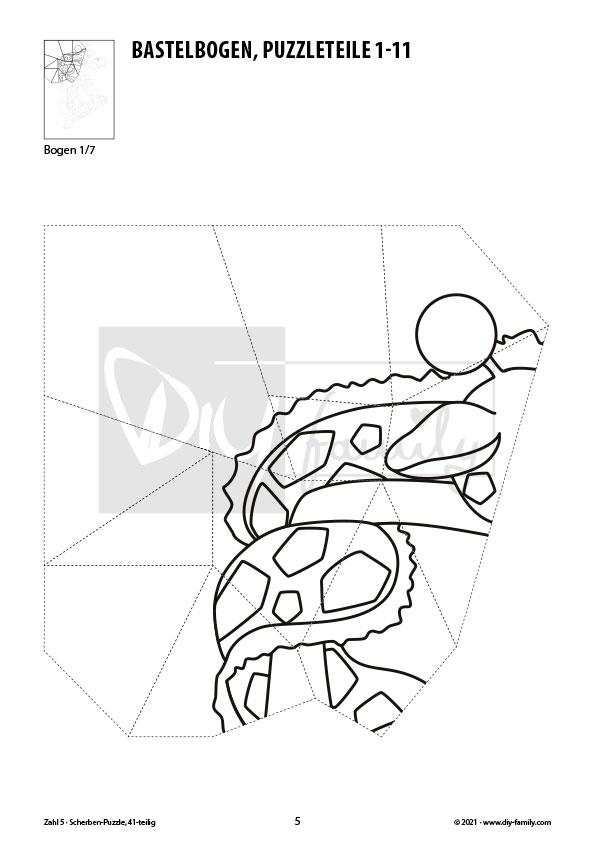Tierzahlen 5 – Scherben-Puzzle zum Ausdrucken, Ausschneiden und Ausmalen