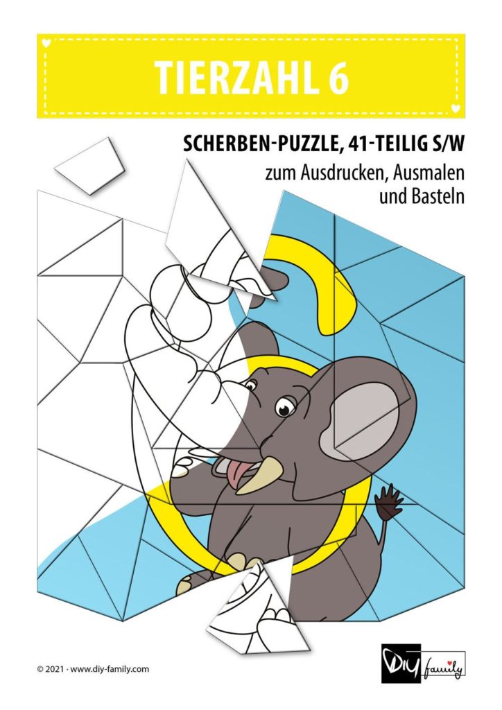 Tierzahlen 6 – Scherben-Puzzle zum Ausdrucken, Ausschneiden und Ausmalen