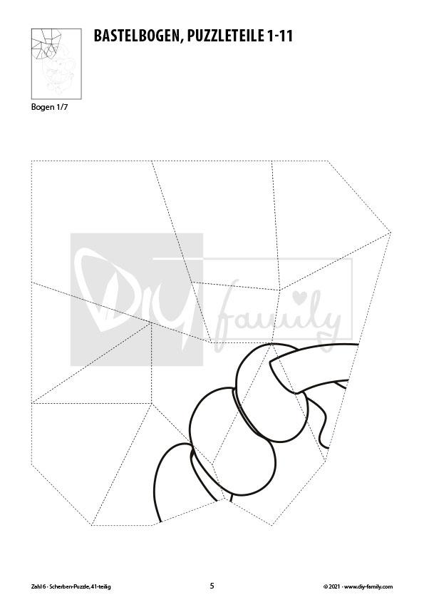 Tierzahlen 6 – Scherben-Puzzle zum Ausdrucken, Ausschneiden und Ausmalen