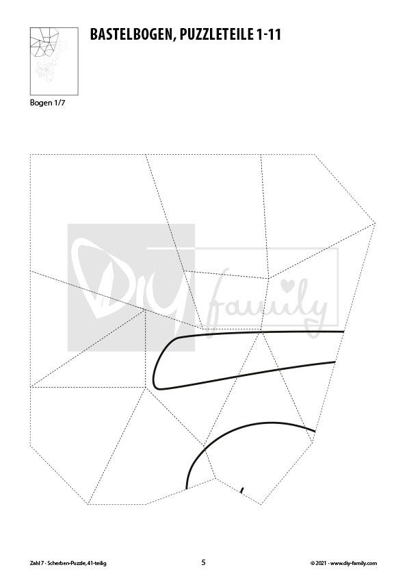 Tierzahlen 7 – Scherben-Puzzle zum Ausdrucken, Ausschneiden und Ausmalen