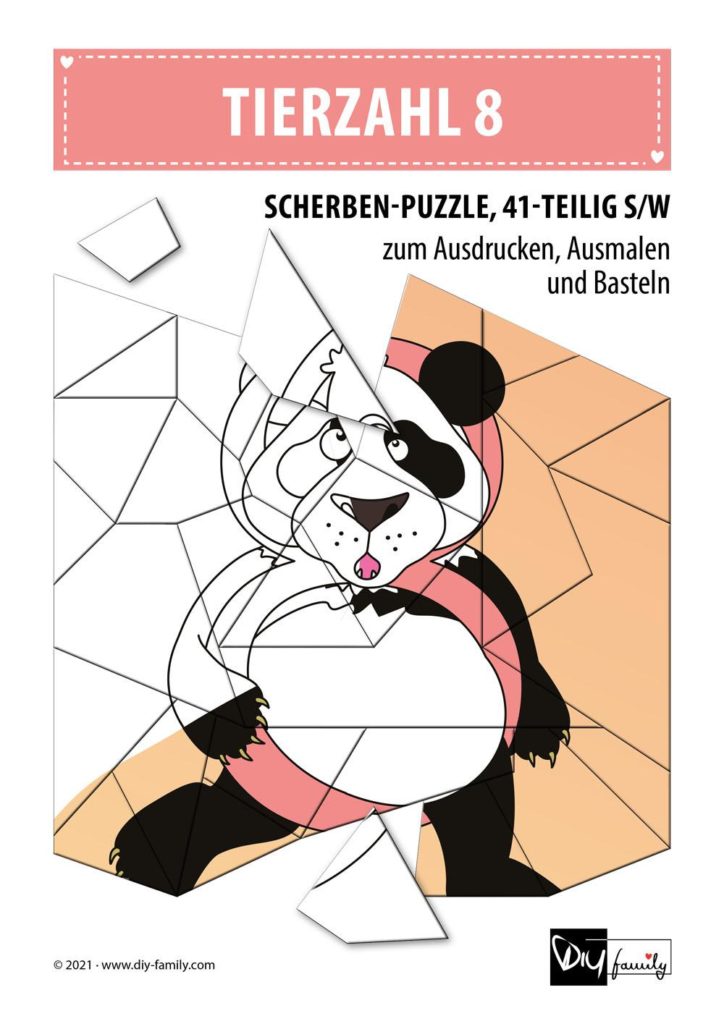 Tierzahlen 8 – Scherben-Puzzle zum Ausdrucken, Ausschneiden und Ausmalen