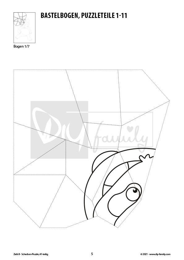 Tierzahlen 8 – Scherben-Puzzle zum Ausdrucken, Ausschneiden und Ausmalen