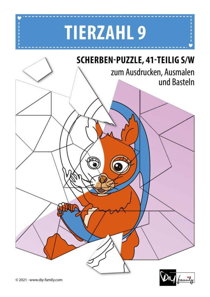 Tierzahlen 9 – Scherben-Puzzle zum Ausdrucken, Ausschneiden und Ausmalen