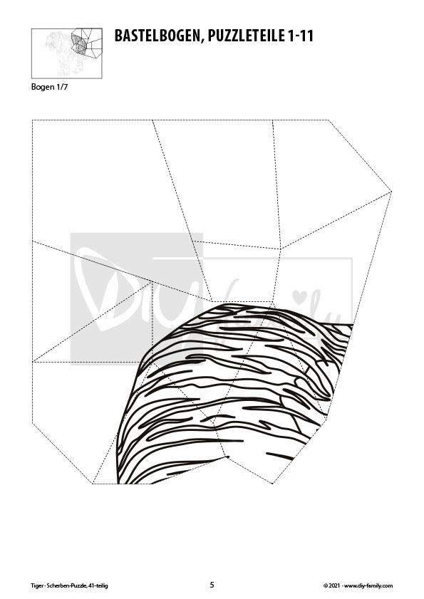 Tiger – Scherben-Puzzle zum Ausdrucken, Ausschneiden und Ausmalen