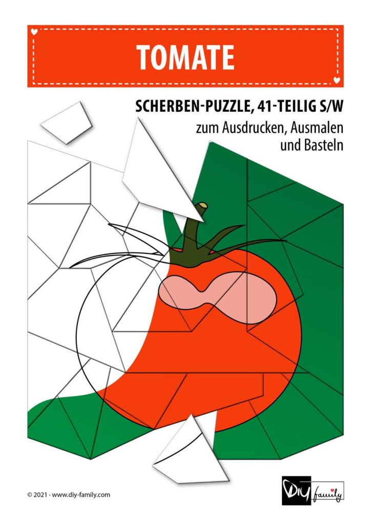 Tomate – Scherben-Puzzle zum Ausdrucken, Ausschneiden und Ausmalen