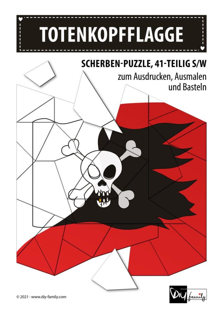 Piratenflagge – Scherben-Puzzle zum Ausdrucken, Ausschneiden und Ausmalen