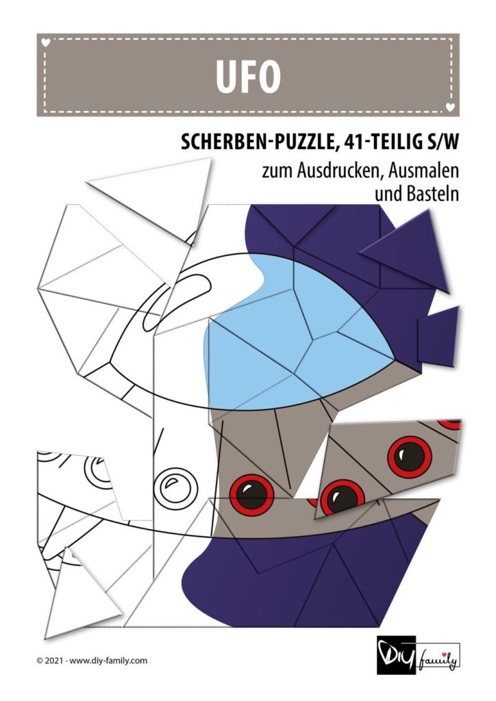 Ufo – Scherben-Puzzle zum Ausdrucken, Ausschneiden und Ausmalen