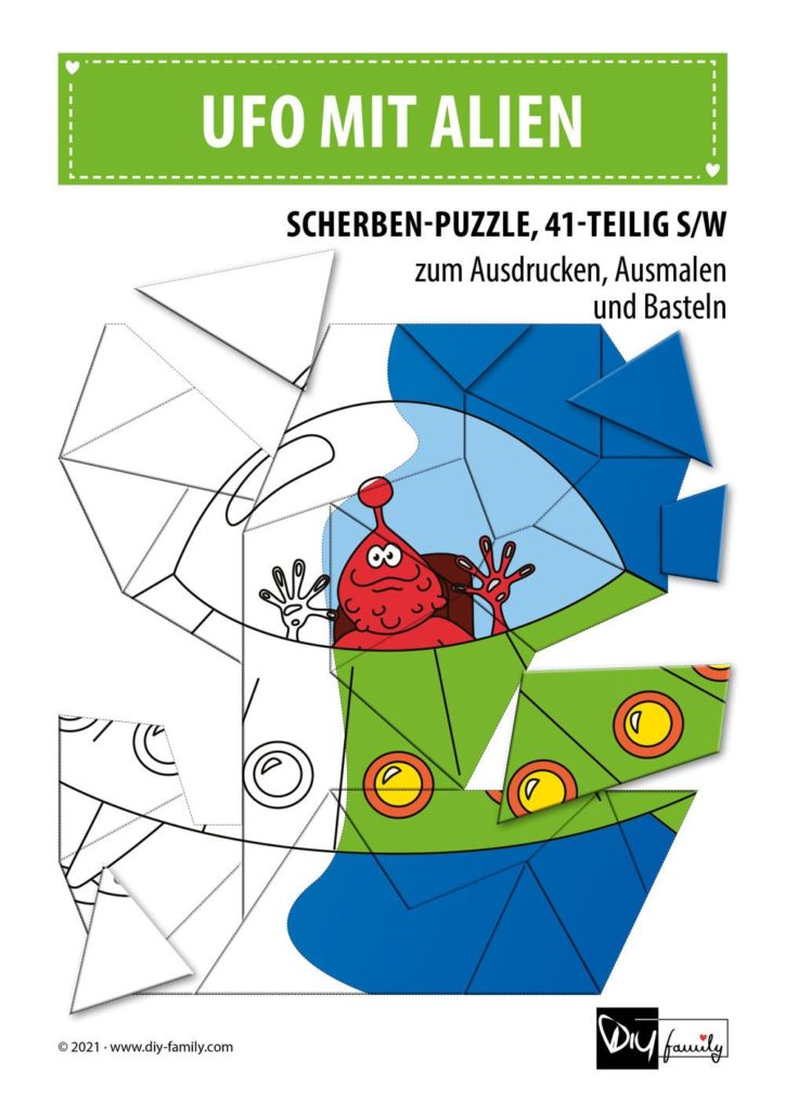 Ufo mit Alien – Scherben-Puzzle zum Ausdrucken, Ausschneiden und Ausmalen