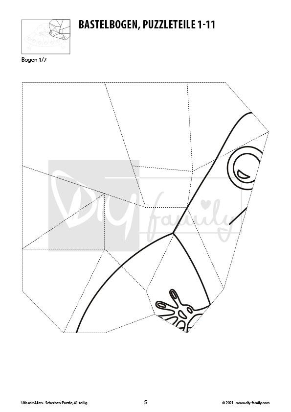 Ufo mit Alien – Scherben-Puzzle zum Ausdrucken, Ausschneiden und Ausmalen