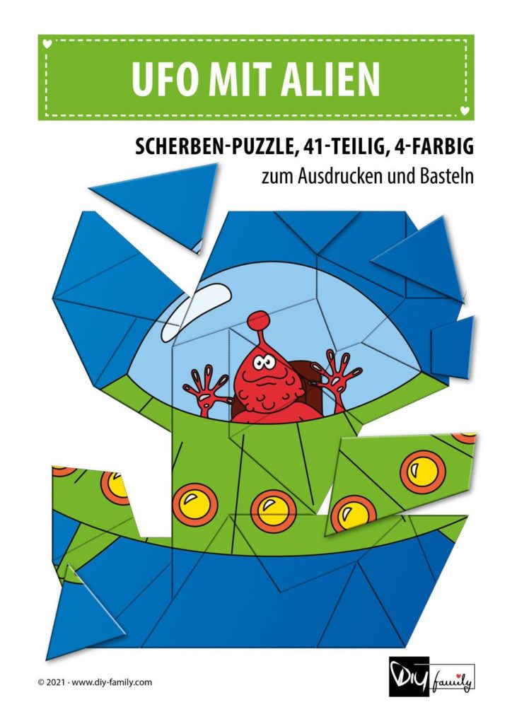 UFO mit Alien – Scherben-Puzzle zum Ausdrucken und Ausschneiden