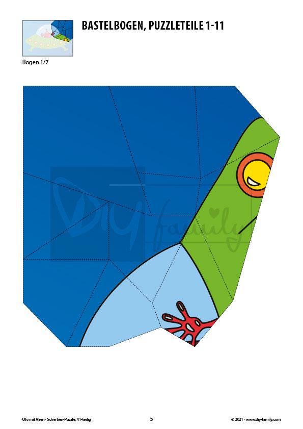 UFO mit Alien – Scherben-Puzzle zum Ausdrucken und Ausschneiden