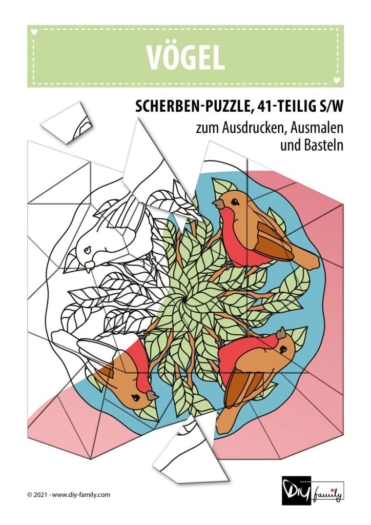 Vögel – Scherben-Puzzle zum Ausdrucken, Ausschneiden und Ausmalen