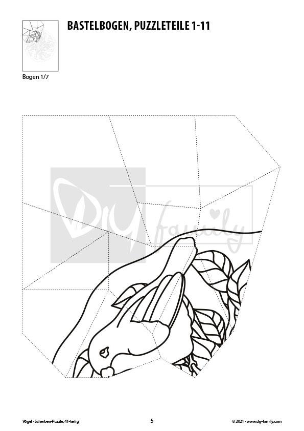 Vögel – Scherben-Puzzle zum Ausdrucken, Ausschneiden und Ausmalen
