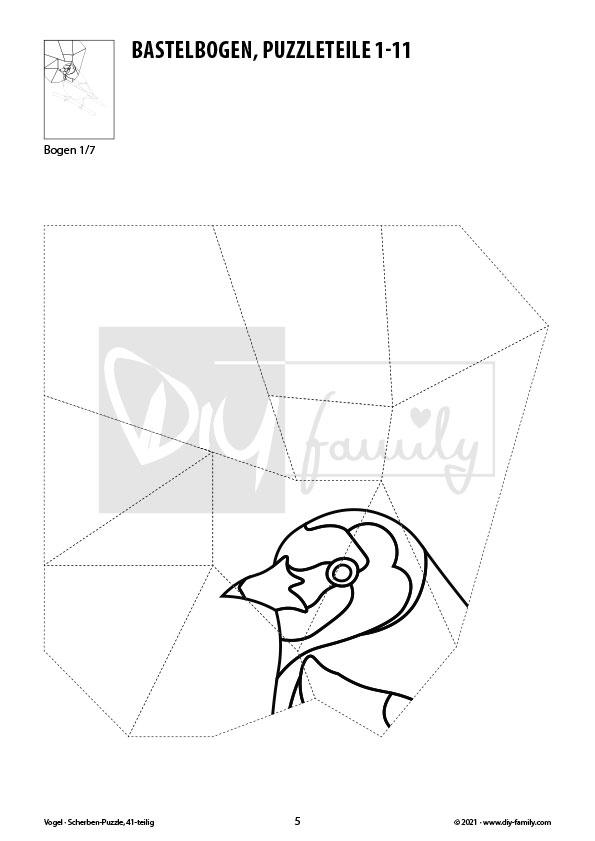 Vogel – Scherben-Puzzle zum Ausdrucken, Ausschneiden und Ausmalen