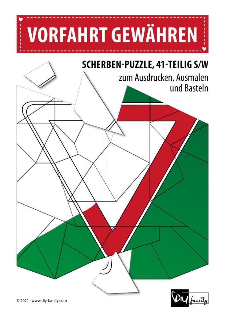 Vorfahrt gewähren – Scherben-Puzzle zum Ausdrucken, Ausschneiden und Ausmalen