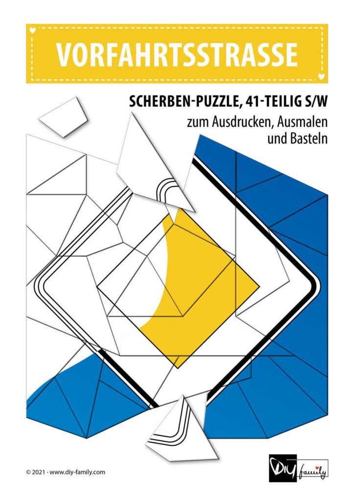 Vorfahrtsstraße – Scherben-Puzzle zum Ausdrucken, Ausschneiden und Ausmalen