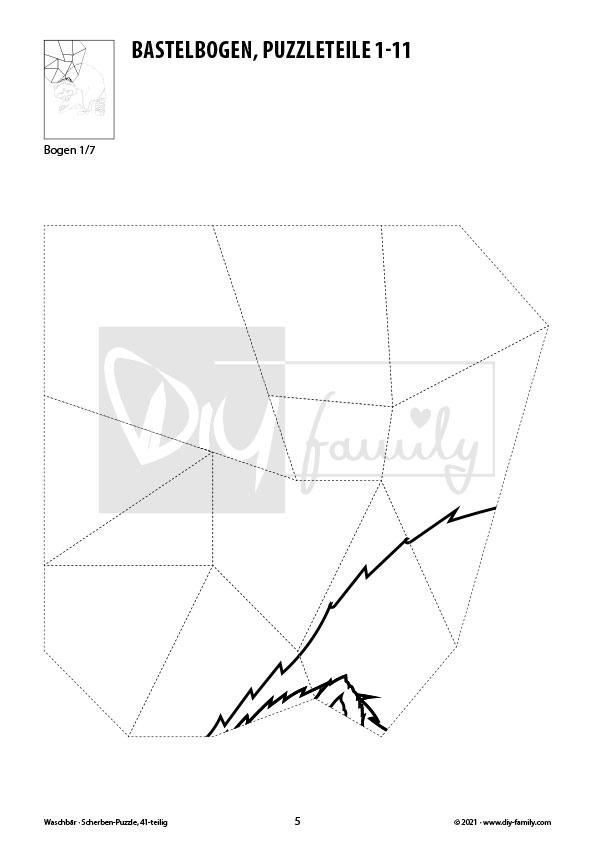 Waschbär – Scherben-Puzzle zum Ausdrucken, Ausschneiden und Ausmalen