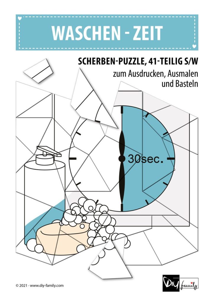 Waschen – Zeit – Scherben-Puzzle zum Ausdrucken, Ausschneiden und Ausmalen