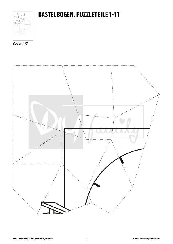 Waschen – Zeit – Scherben-Puzzle zum Ausdrucken, Ausschneiden und Ausmalen