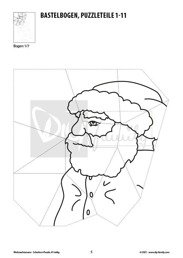 Weihnachtsmann – Scherben-Puzzle zum Ausdrucken, Ausschneiden und Ausmalen