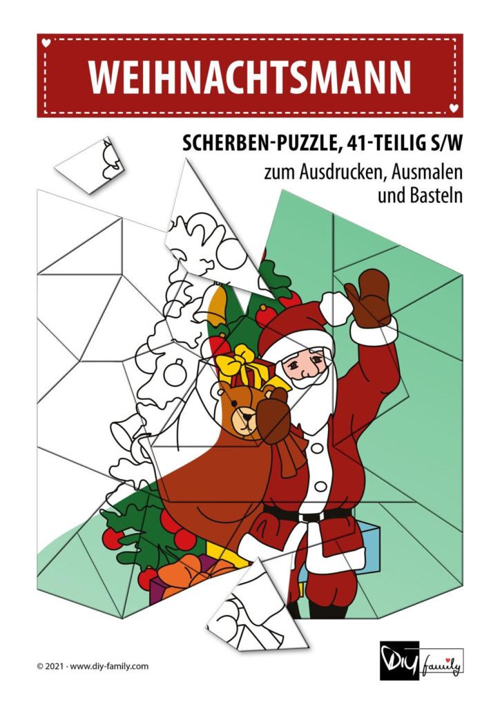 Weihnachtsmann – Scherben-Puzzle zum Ausdrucken, Ausschneiden und Ausmalen