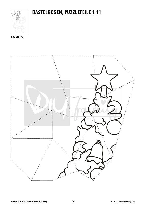 Weihnachtsmann – Scherben-Puzzle zum Ausdrucken, Ausschneiden und Ausmalen