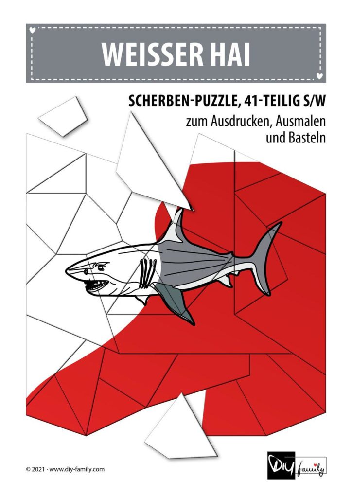 Weißer Hai – Scherben-Puzzle zum Ausdrucken, Ausschneiden und Ausmalen