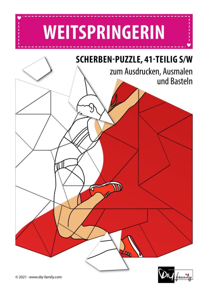 Weitspringerin – Scherben-Puzzle zum Ausdrucken, Ausschneiden und Ausmalen