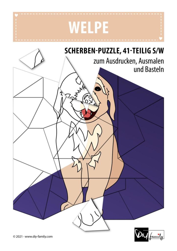 Welpe – Scherben-Puzzle zum Ausdrucken, Ausschneiden und Ausmalen