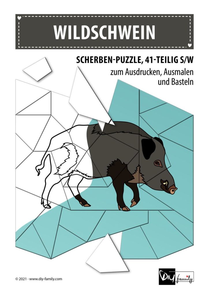 Wildschwein – Scherben-Puzzle zum Ausdrucken, Ausschneiden und Ausmalen