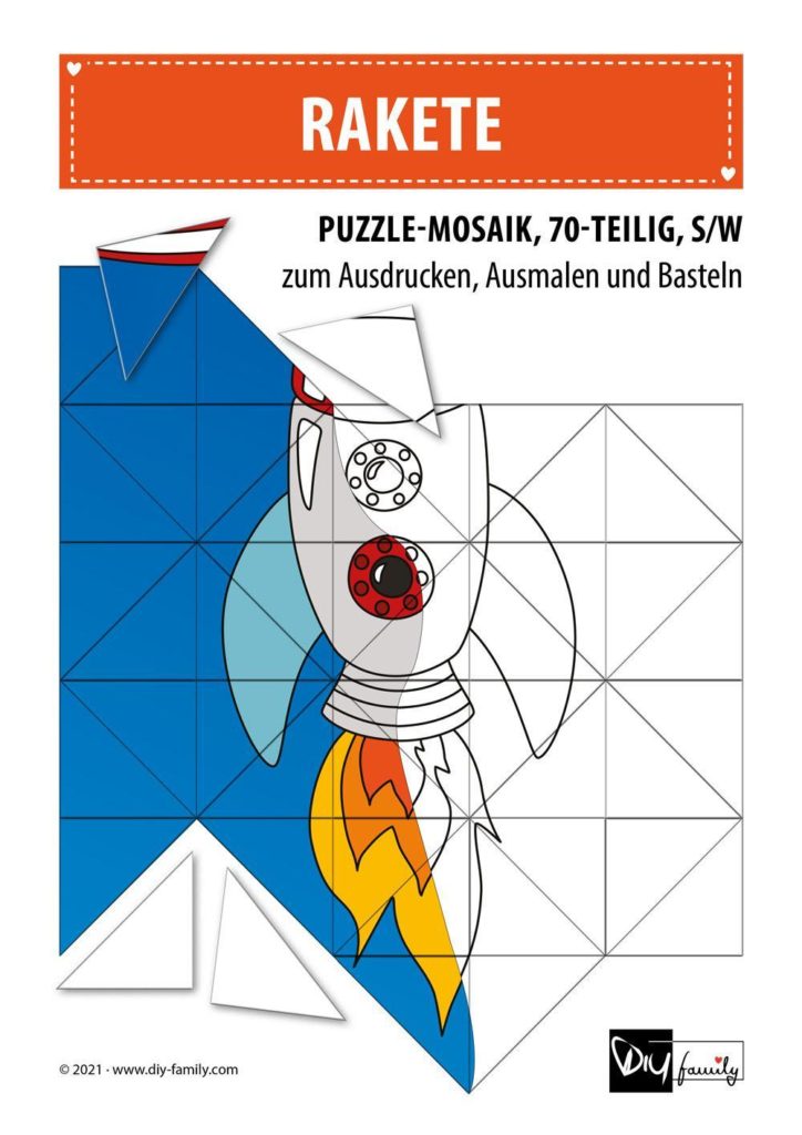 Rakete – Mosaikpuzzle zum Ausschneiden und Ausmalen