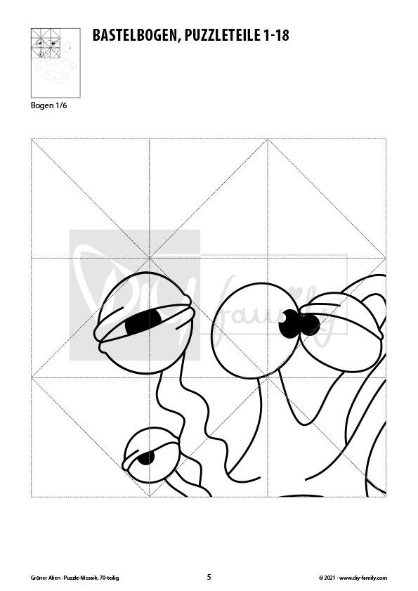 Grüner Alien – Mosaikpuzzle zum Ausschneiden und Ausmalen