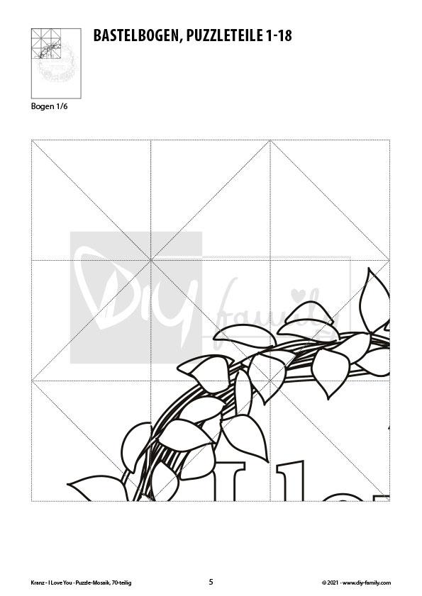 Kranz I Love You – Mosaikpuzzle zum Ausschneiden und Ausmalen