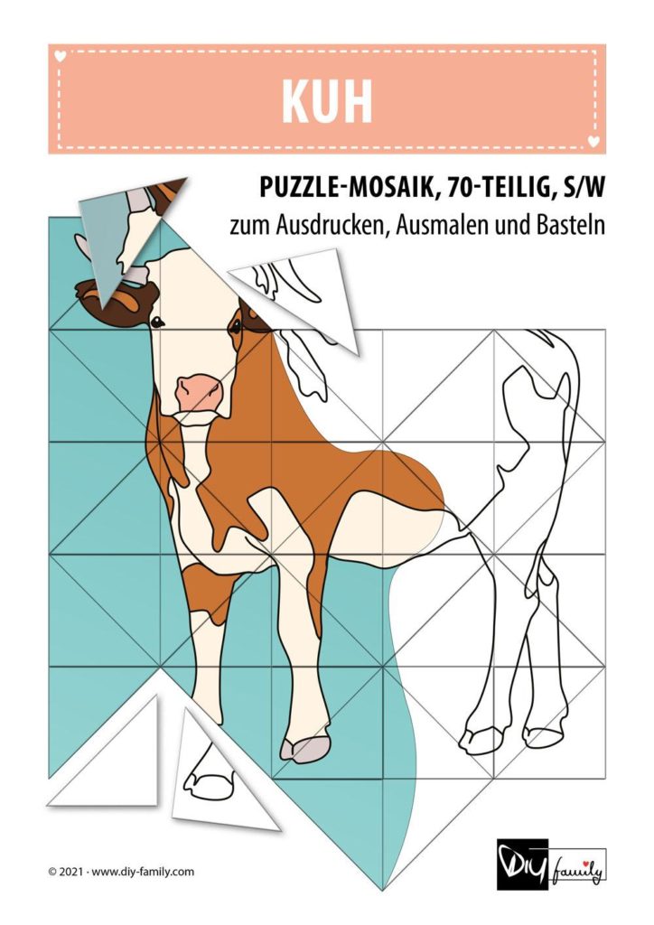 Kuh – Mosaikpuzzle zum Ausschneiden und Ausmalen