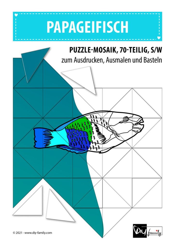 Papageifisch – Mosaikpuzzle zum Ausschneiden und Ausmalen