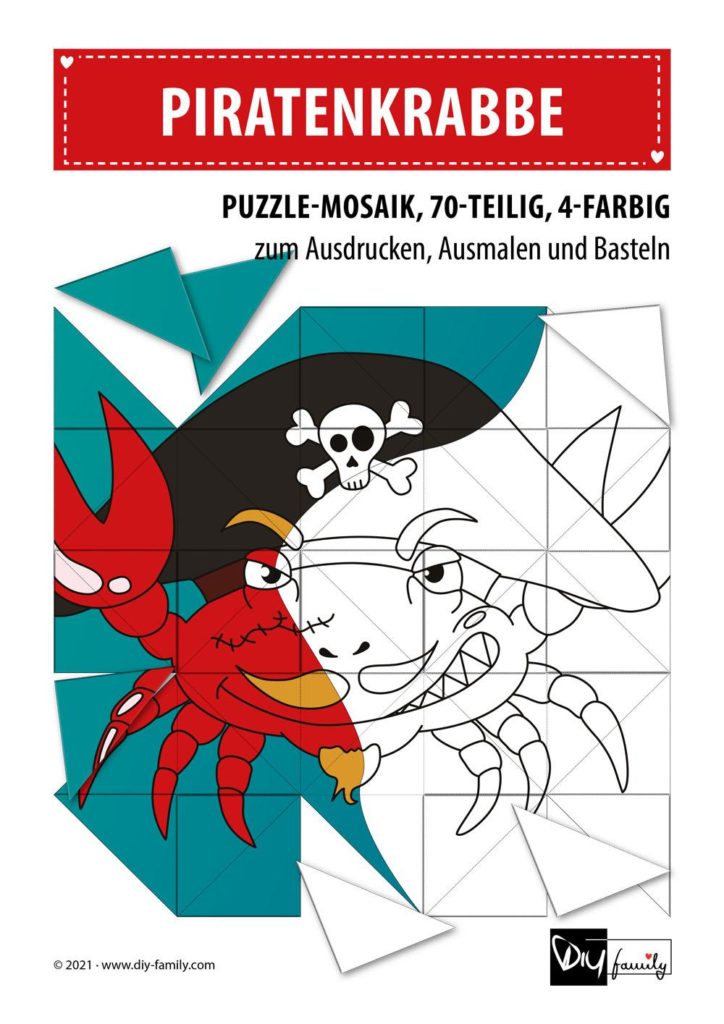 Piratenkrabbe – Mosaikpuzzle zum Ausschneiden und Ausmalen