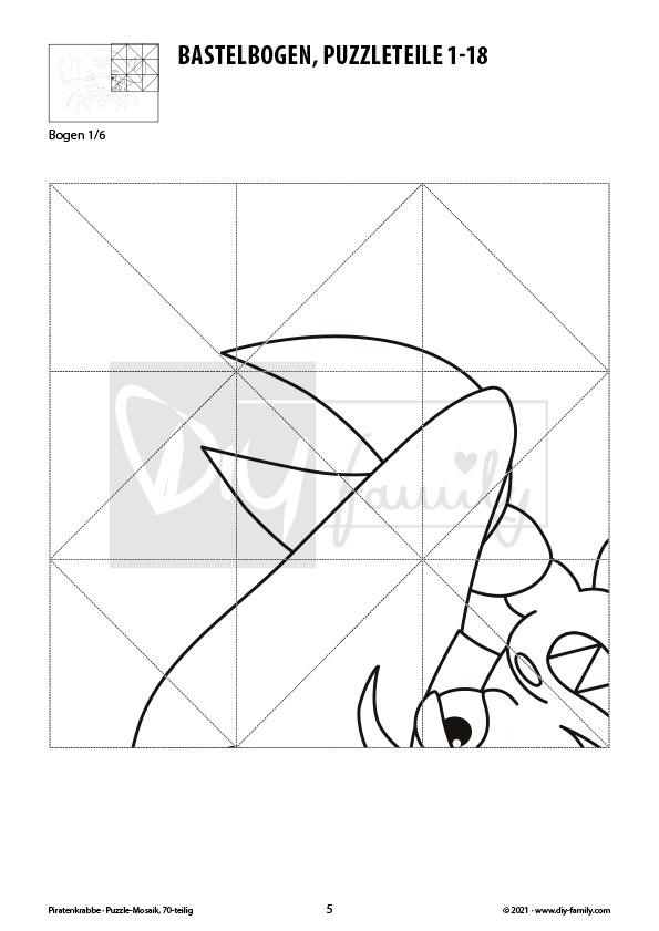 Piratenkrabbe – Mosaikpuzzle zum Ausschneiden und Ausmalen