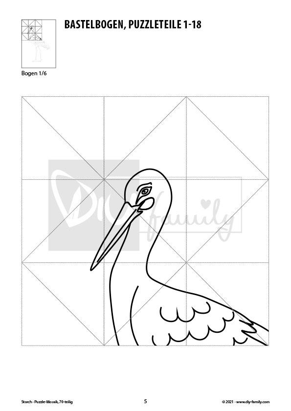 Storch – Mosaikpuzzle zum Ausschneiden und Ausmalen
