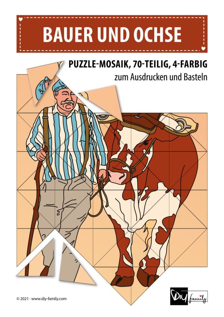 Bauer mit Ochse – Mosaikpuzzle zum Ausschneiden und Basteln