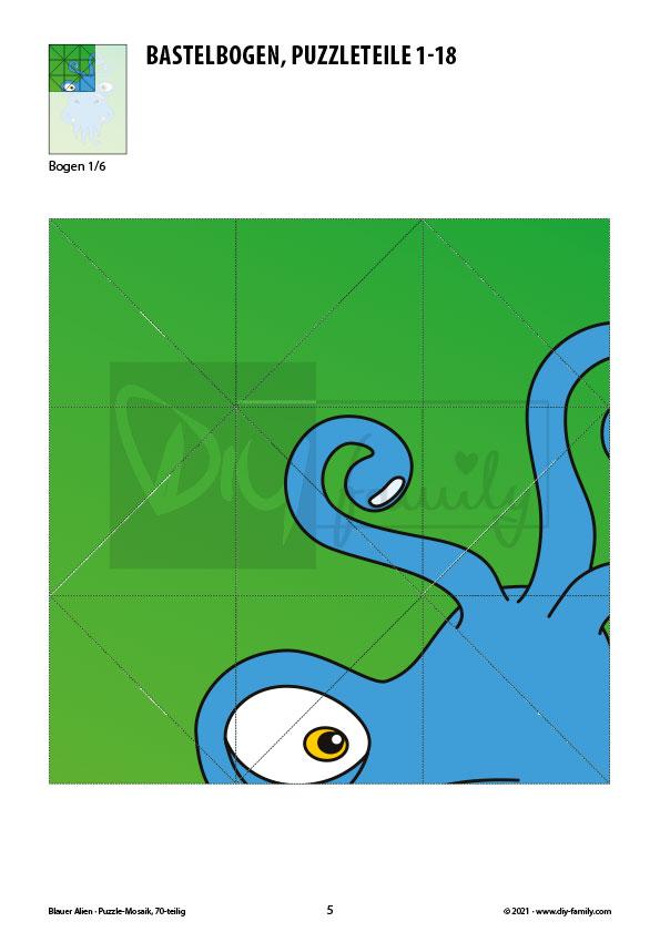 Blauer Alien – Mosaikpuzzle zum Ausschneiden und Basteln