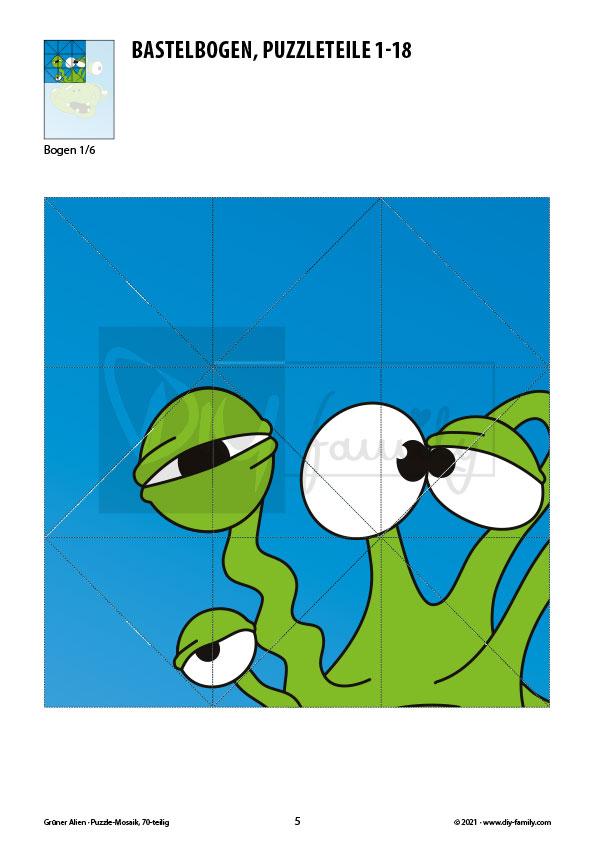 Grüner Alien – Mosaikpuzzle zum Ausschneiden und Basteln