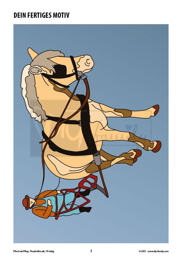 Pferd mit Pflug – Mosaikpuzzle zum Ausschneiden und Basteln