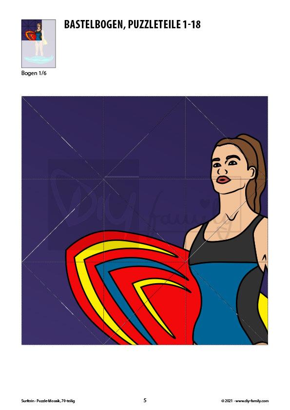 Surferin – Mosaikpuzzle zum Ausschneiden und Basteln