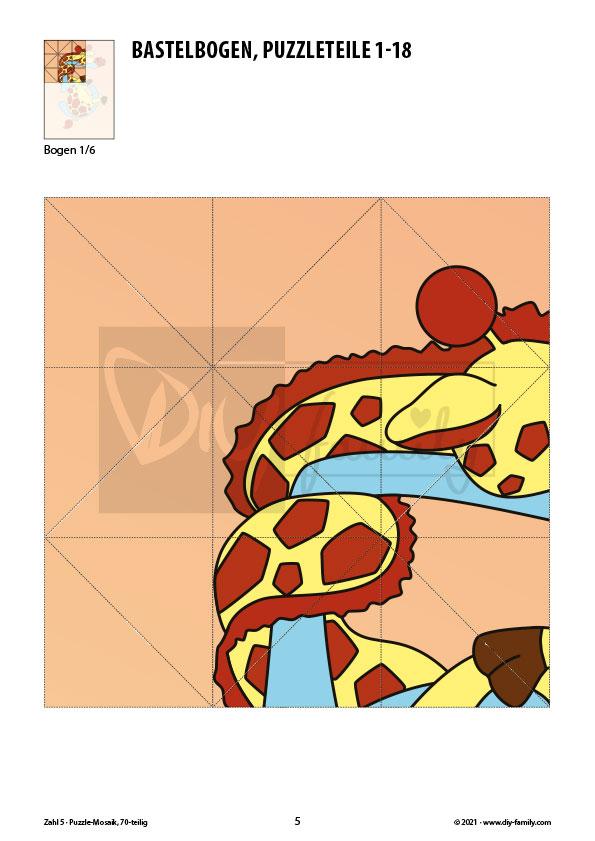 Tierzahlen 5 – Mosaikpuzzle zum Ausschneiden und Basteln